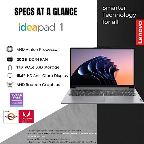 Lenovo IdeaPad, 20GB RAM, 1TB SSD, AMD Dual-core Processor, 15.6 Inch HD Anti-Glare Display, Long Battery Life Up to 9.5Hr, HDMI, SD Card Reader, Windows 11, 1 Year Microsoft 365 - Image 2