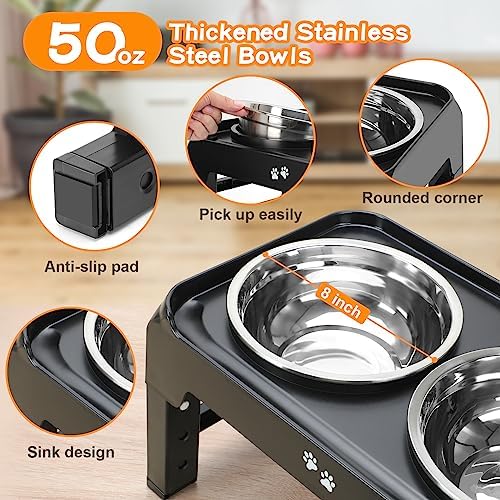 Elevated Dog Bowls, 4 Height Adjustable Raised Dog Bowl Stand with 2 Thick 50oz Stainless Steel Dog Food Bowls Non-Slip Dog Feeder for Large Medium Dogs Adjusts to 3.7", 9.2", 10.75", 12.36" Black - Image 4