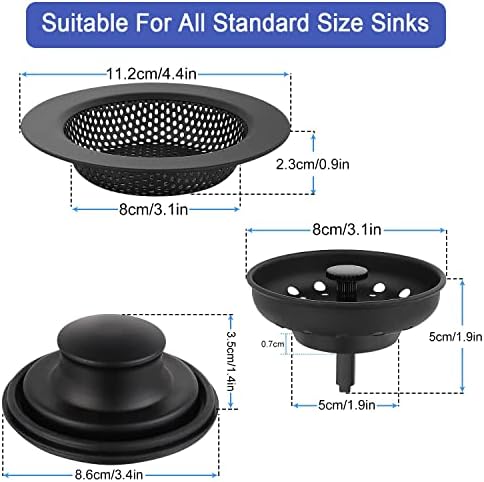3 Pack of Kitchen Sink Stopper Strainer, Upgraded Sink Basket Strainer Set, Universal Anti-Clogging Sink Drain Strainer, Stainless Steel Kitchen Sink Drain Filter Sieve (Black) - Image 2