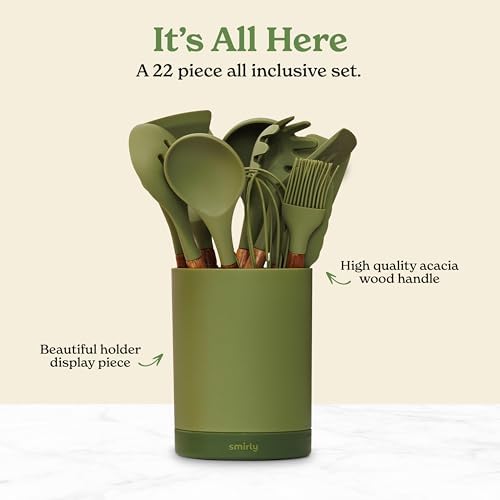 Silicone Kitchen Utensils Set & Holder: Cooking Utensils Set - Kitchen Essentials for New Home & 1st Apartment- Silicone Spatula Set, Cooking Spoons for Nonstick Cookware (Acacia Wood, Green) - Image 3
