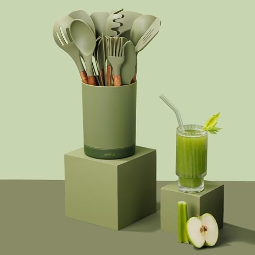 Silicone Kitchen Utensils Set & Holder: Cooking Utensils Set - Kitchen Essentials for New Home & 1st Apartment- Silicone Spatula Set, Cooking Spoons for Nonstick Cookware (Acacia Wood, Green) - Image 5