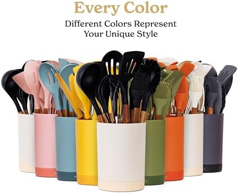 Silicone Kitchen Utensils Set & Holder: Cooking Utensils Set - Kitchen Essentials for New Home & 1st Apartment- Silicone Spatula Set, Cooking Spoons for Nonstick Cookware (Acacia Wood, Green) - Image 6