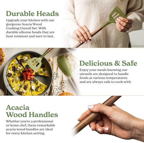 Silicone Kitchen Utensils Set & Holder: Cooking Utensils Set - Kitchen Essentials for New Home & 1st Apartment- Silicone Spatula Set, Cooking Spoons for Nonstick Cookware (Acacia Wood, Green) - Image 4