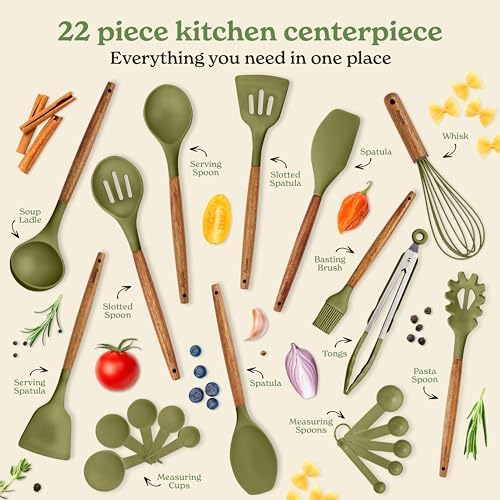 Silicone Kitchen Utensils Set & Holder: Cooking Utensils Set - Kitchen Essentials for New Home & 1st Apartment- Silicone Spatula Set, Cooking Spoons for Nonstick Cookware (Acacia Wood, Green) - Image 2